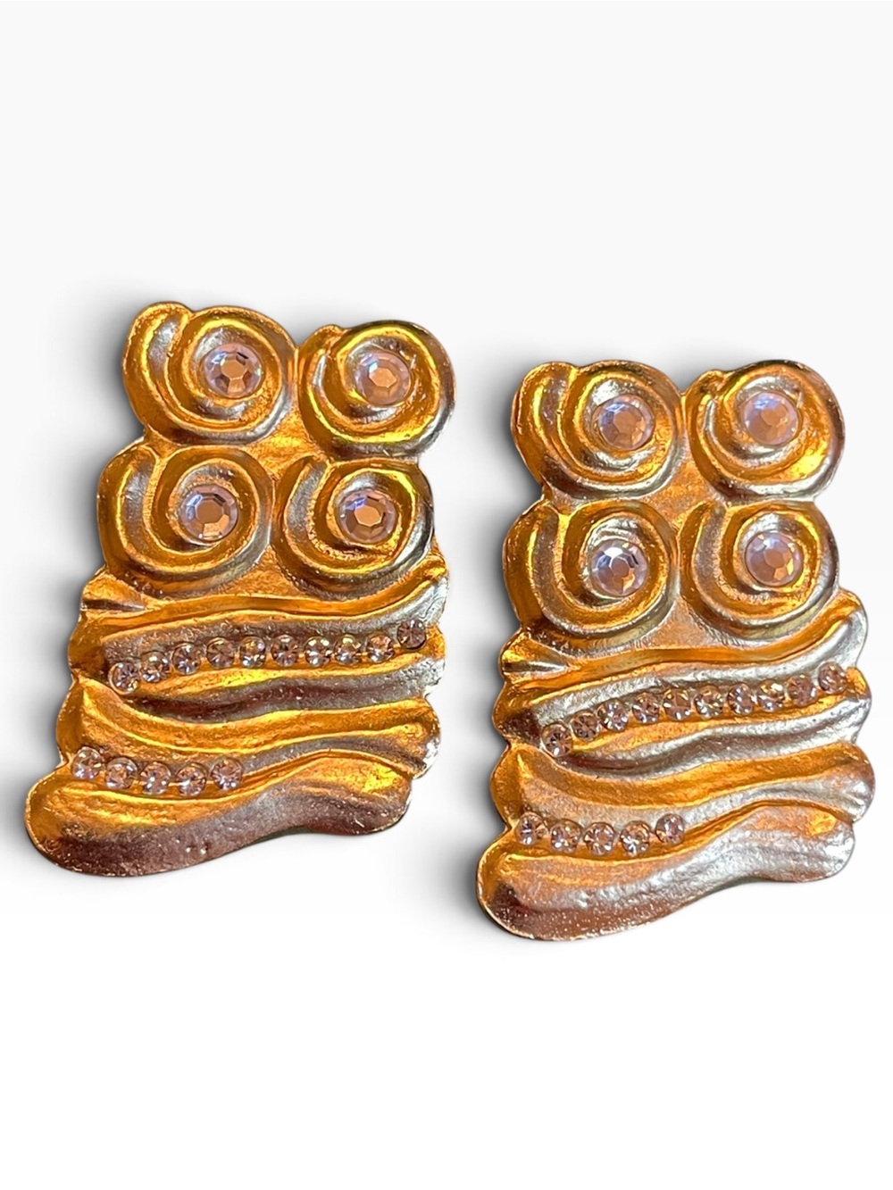 1980’s Gerard Yosca Etruscan Gold-Tone Rhinestone Statement Clip On Earrings